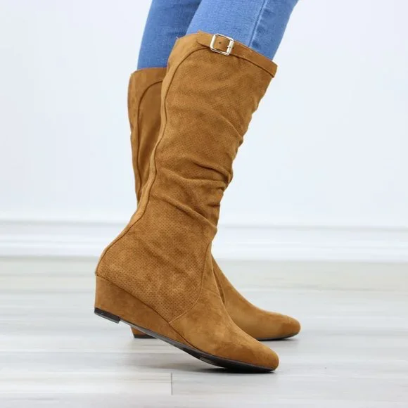 Tan Faux Suede Round Toe Low Kitten Wedge Heel Mid Calf Boots - Picture 5 of 12